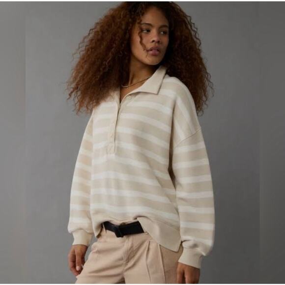 American Eagle Outfitters Tops - AE Big Hug Henley Sweatshirt Striped Neutral Oversized Small Cozy